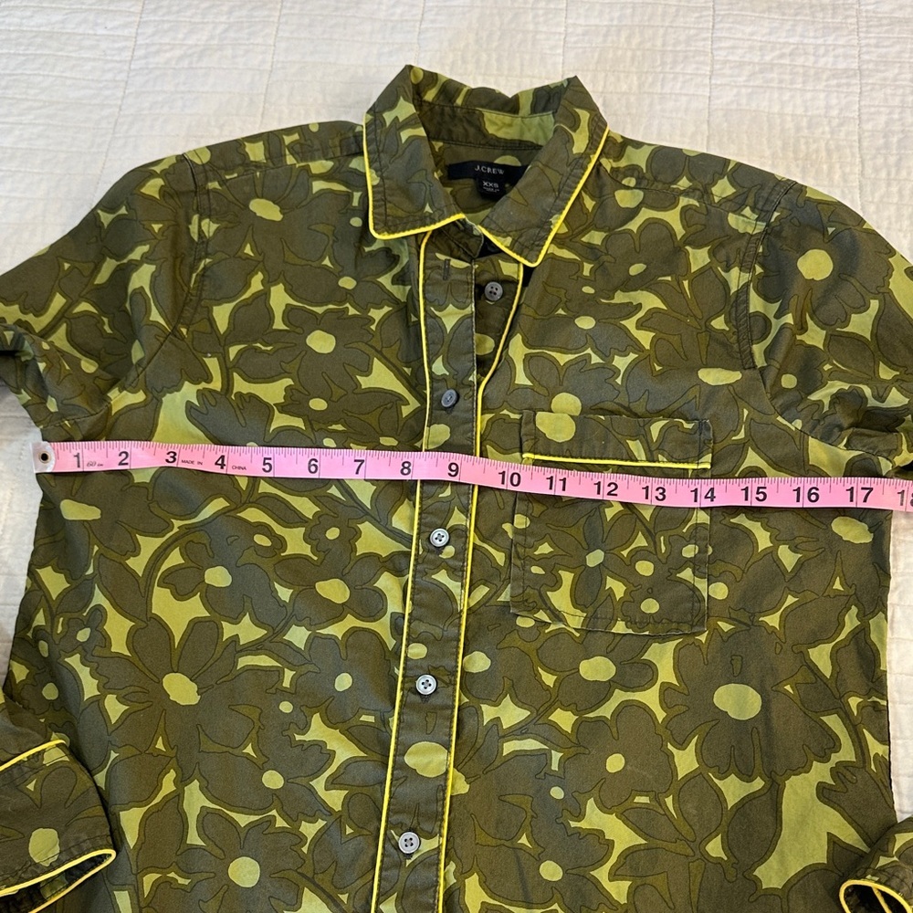 J. Crew XXS Button Down Collar Long Sleeve Shirt Green Floral Yellow Piping - Picture 6 of 9